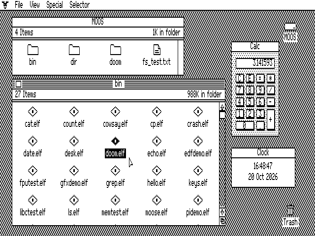The moOS desktop: folder windows, the calculator and the clock