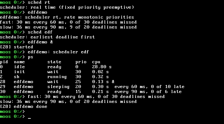 edfdemo missing deadlines under rate monotonic priorities and meeting them all under earliest deadline first, with ps showing the periodic tasks