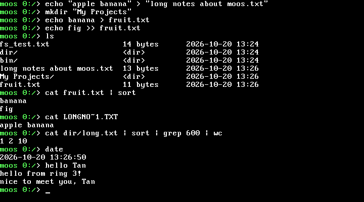 The moOS shell: long file names, redirection, a sort-grep-wc pipeline and a ring 3 hello program