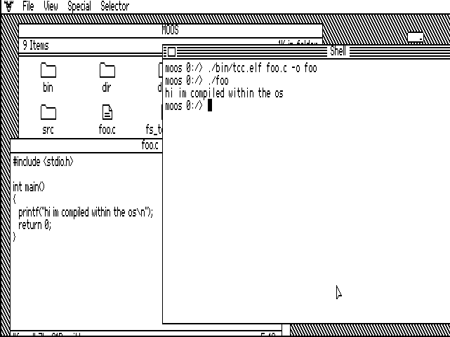 A C file open in the moOS desktop editor, compiled with tcc and run in a shell window